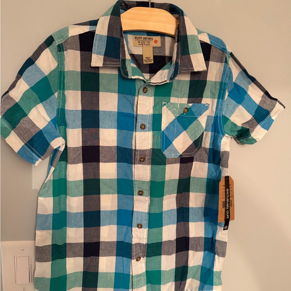 Ruff Hewn Kids Checkered Shirt - Blue, Green, and White 10-12 NWT